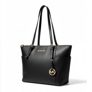MICHAEL KORS Charlotte Large Saffiano Leather Top Zip Tote Bag Black Gold